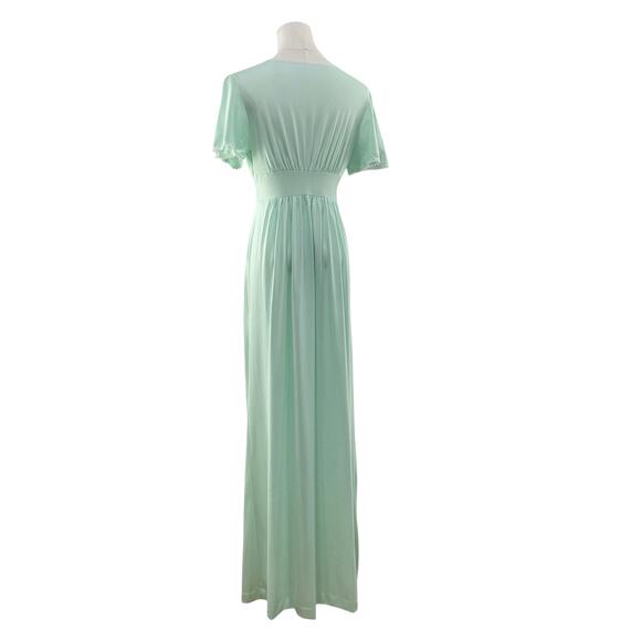 Vintage 70s Boho KOMAR Mint Green Nylon Lacy Bodice Maxi Dress Nightgown Size S - Picture 8 of 10